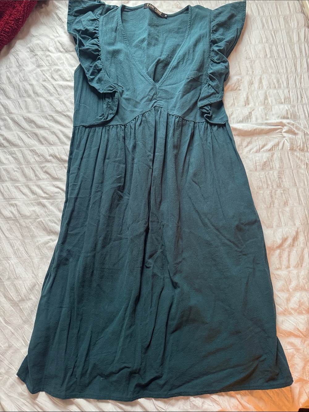 Teal Ruffle-Sleeve V-Neck Dress
